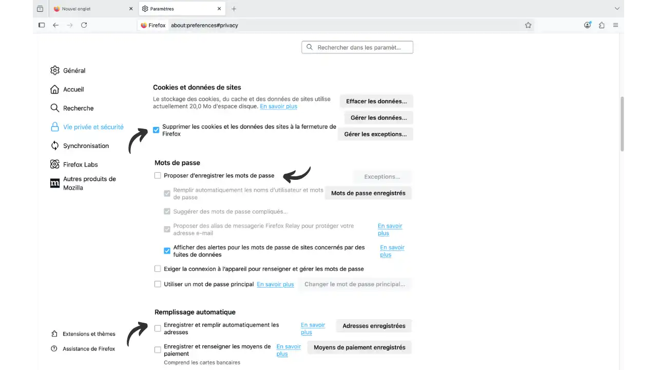Paramètres cookies et mots de passe