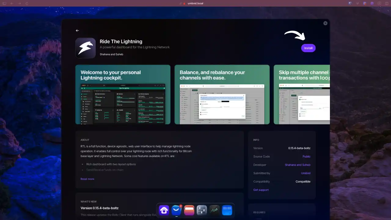 Fiche de l'application Ride The Lightning dans Umbrel : présentation de l'app avec captures d'écran et bouton violet "Install" en haut à droite