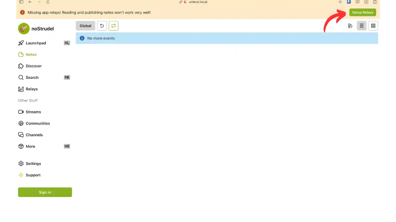 Page d'accueil de noStrudel avec le bouton Setup Relays