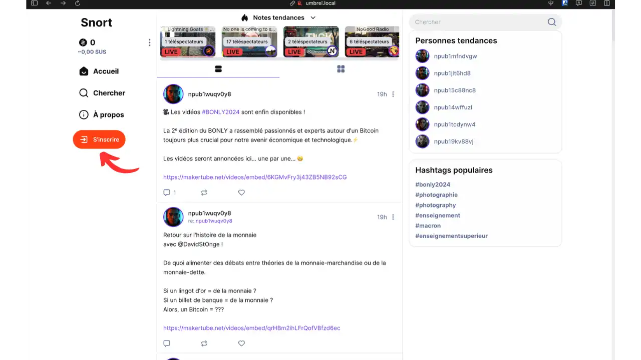 Page d'accueil de Snort avec le bouton S'inscrire